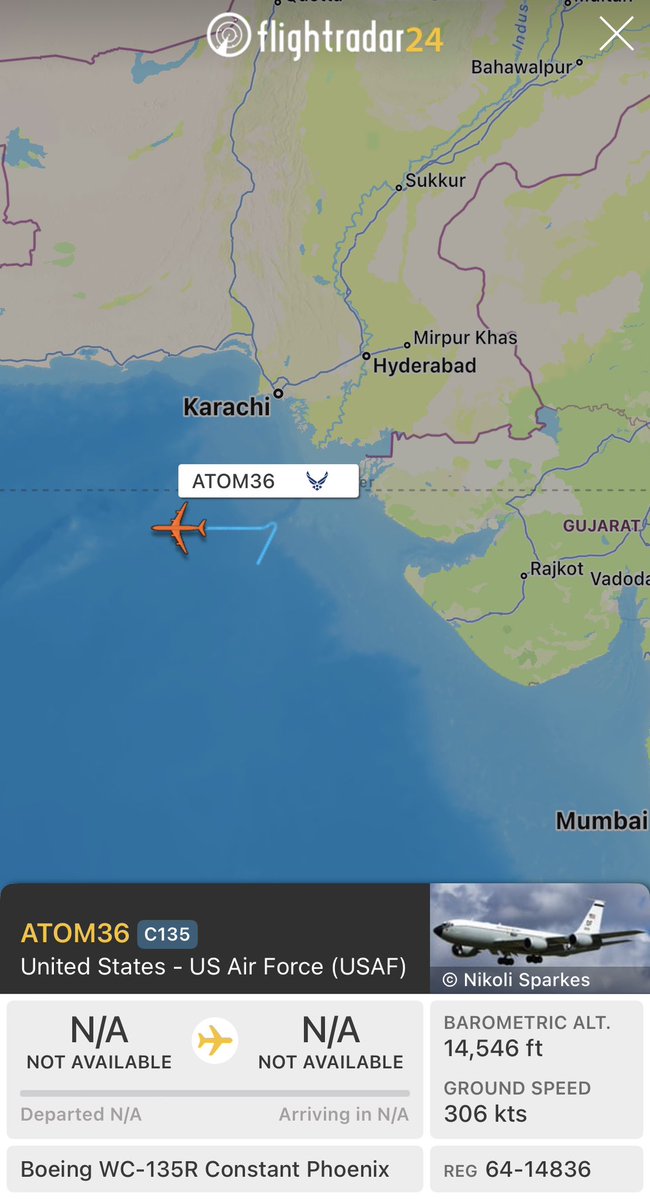 Four days after it few along the Pakistani-Indian coast, the “nuclear sniffer” is back. This time appears focused on area off Karachi. US WC-135R “nuclear sniffer” (64-14836, ATOM36) plane flying mission along the Pakistani and Indian coasts
