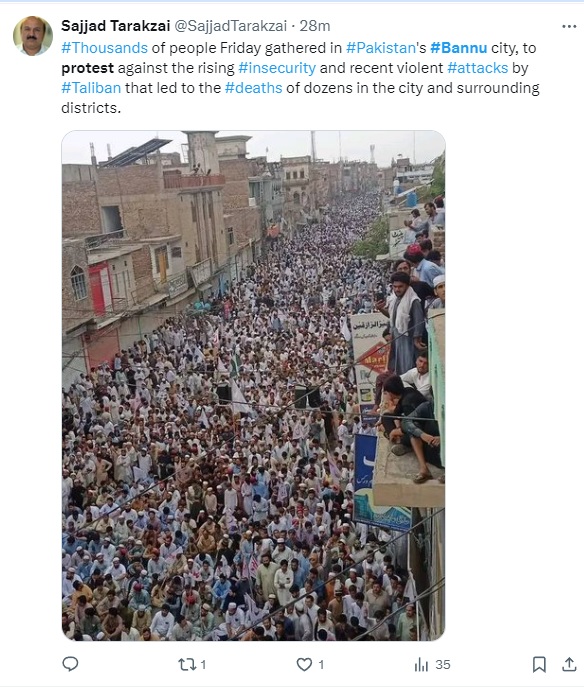 Large protest in Bannu against the worsening law and order situation. The protesters called on the govt to restore peace. Here's the thing: You can't call on the govt to restore peace while also opposing a military CT operation