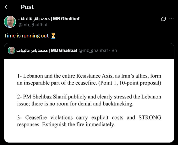 Iran's Ghalibaf: Time is running out