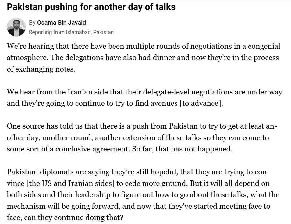 Via Al-Jazeera: One source has told us that there is a push from Pakistan to try to get at least another day, another round, another extension of these talks so they can come to some sort of a conclusive agreement. So far, that has not happened.