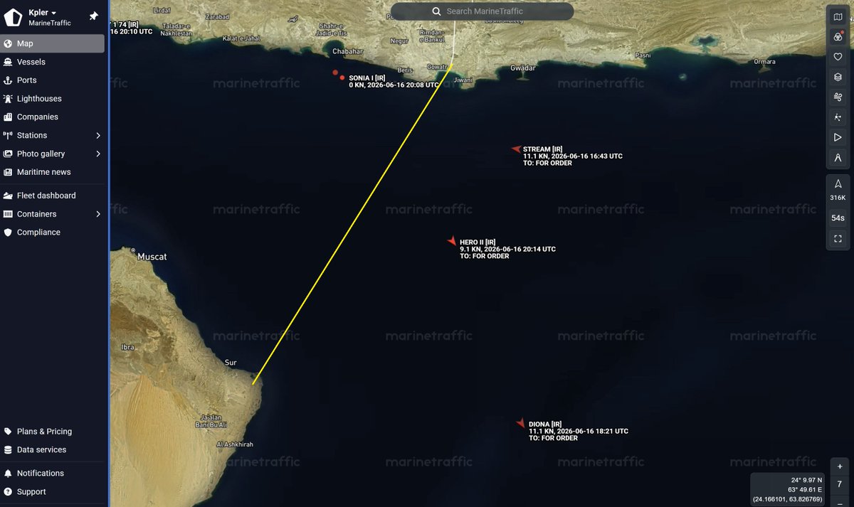 Tanker Trackers: According to AIS data which we corroborated yesterday (2026-06-15) by satellite imagery, at least two National Iranian Tanker Company (NITC) VLCC supertankers named DIONA (9569695) and HERO2 (9362073) have exited the US Navy blockade perimeter carrying a combined total of 3.8 million barrels of Iranian crude oil between them. These are Iran's first crude oil exports in two months. We can also see that NITC's STREAM (9569633) is approaching the blockade line from the EEZ of Pakistan; where she spent the past 7 weeks waiting to enter Iran.